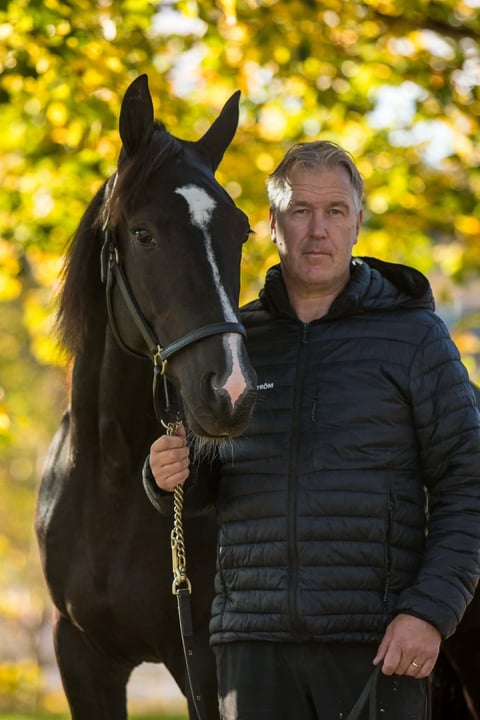 Man in black jacket holding reins of black horse with white blaze against golden autumn foliage background